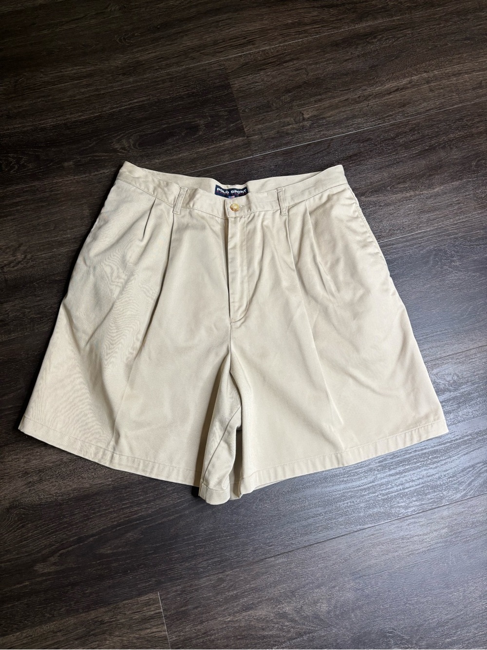 Vintage Womens 14 Polo Sport Ralph Lauren Pleated Chino Shorts 7" Khaki Tan